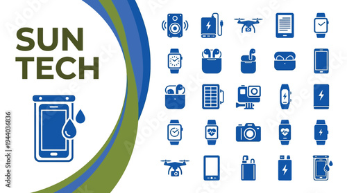 Various modern technology gadgets and electronic accessories for outdoor.