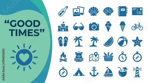 Summer vacation icons and symbols represent good times and relaxation.