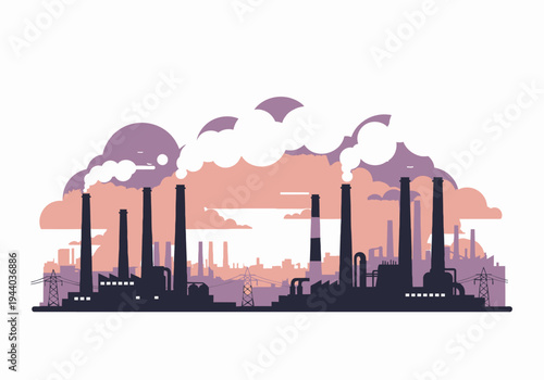 Industrial landscape with smokestacks emitting smoke under a cloudy sky, representing manufacturing and production