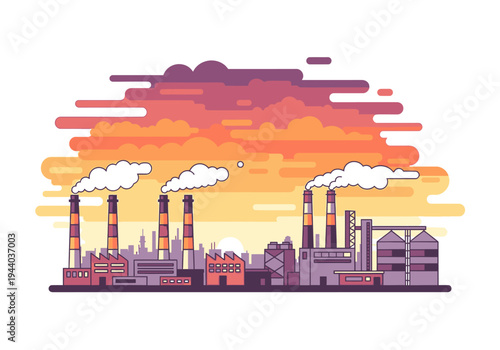 Industrial factory complex with smoke stacks emitting fumes against a colorful sunset sky with clouds, vector illustration