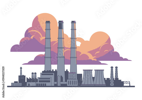 Industrial power plant with tall chimneys emitting clouds of smoke against a dramatic sky