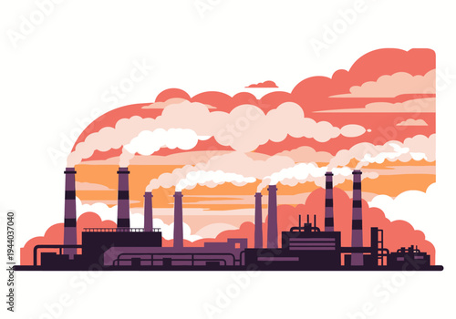 Industrial factory with smoking chimneys releasing steam and pollution into the sky, representing environmental impact and heavy industry production