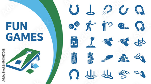 Fun games icons illustrate cornhole boards, horseshoes, bean bag toss,.