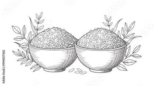 Two bowls of rice with leafy branches and scattered grains food ingredient
