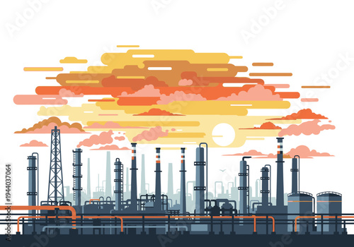 Industrial oil refinery complex with storage tanks and chimneys against a sunset sky