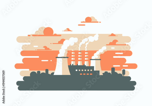 Industrial factory with smoking chimneys under a cloudy sky, representing power generation and manufacturing sector