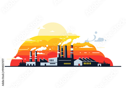 Industrial factory with smokestacks emitting smoke against a sunset backdrop symbolizing pollution and environmental concerns