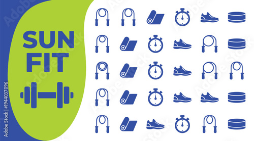 Fitness equipment icons feature jump ropes, yoga mats, stopwatches,.