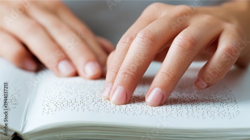 Woman reading book with braille text. Fingertips touching embossed dots on page for blind person. Accessibility, education, and literacy for visually impaired individual. Inclusive reading concept.