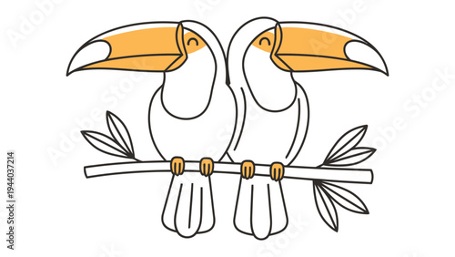 Charming Toucans' Embrace: Two delightful toucans perch together on a slender branch, their vibrant beaks and cheerful demeanor create a sense of harmony and joy.