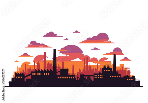 Industrial city skyline silhouette with smokestacks and clouds at sunset, illustration