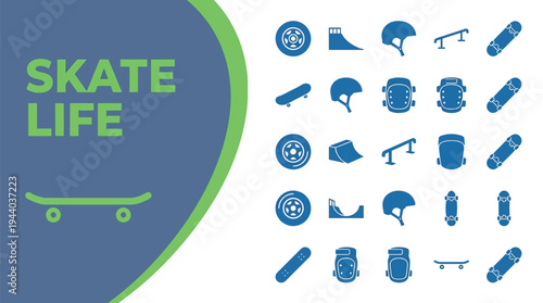 Skateboarding equipment icons display protective gear and board components.