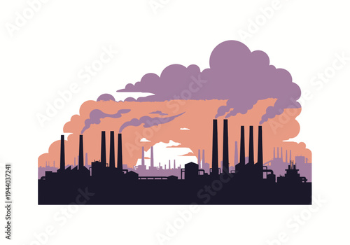 Industrial factory with pollution and smoke in the sky at sunset or sunrise