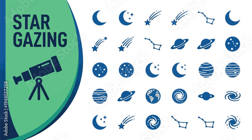 Star gazing icons show a telescope, planets, moons, and constellations.
