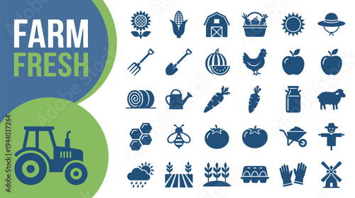 Farm fresh icon set illustrates agricultural elements like tractors.