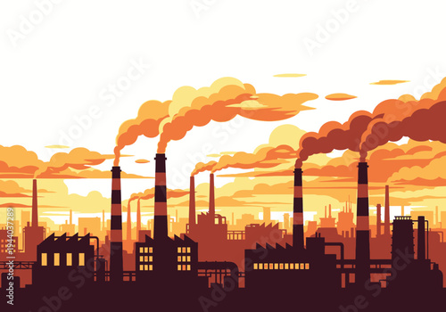 Industrial skyline silhouette with smoke stacks emitting orange clouds against a sunset sky