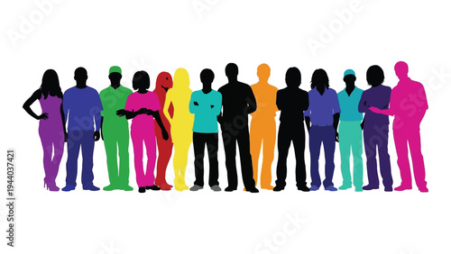 Diverse group of people in various colors standing together in unity and harmony concept
