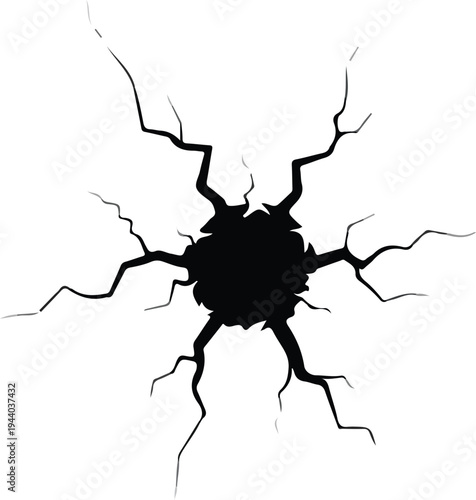 Black hole illustration of fractured surface with radiating cracks on white background