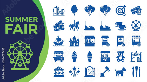 Summer fair icon set displays amusement park rides, carnival games,.