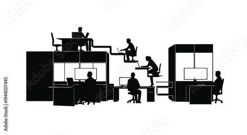 Black silhouette of people working in modern office cubicles