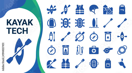 Kayak tech icon set includes paddling gear, safety equipment, and water.