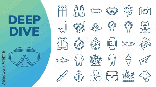 Deep dive icons include mask, fins, compass, and marine life for scuba.