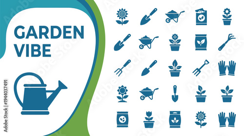 Garden vibe icons show a watering can, tools, plants, and fertilizer for.