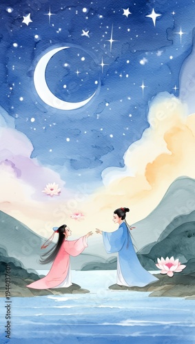 Couple Under the Moonlit Sky with Lotuses