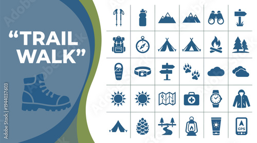 Hiking boot icon represents outdoor adventure symbols for trail walking.