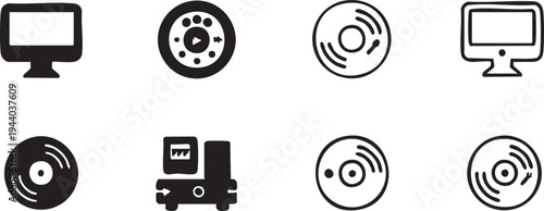 Retro technology icons vector set: computer, vinyl, cassette player, cd eps silhouette