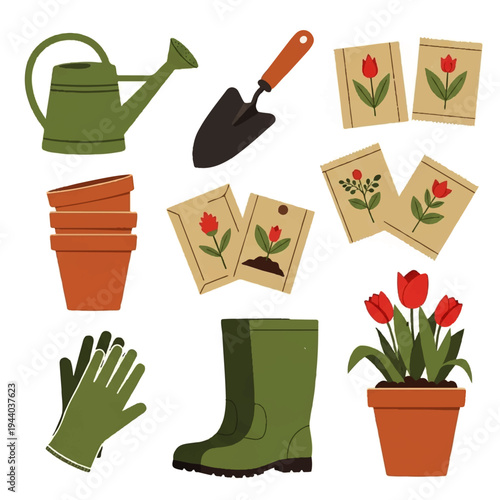 Gardening Essentials: A colorful array of gardening tools and supplies, including pots, seeds, gloves, and a watering can, evokes the joy and anticipation of springtime planting.