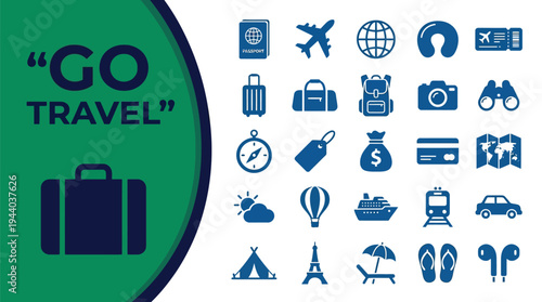 Travel icons set illustrates various vacation and journey planning elements.