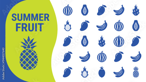 Summer fruit icons feature tropical and seasonal produce for healthy warm.