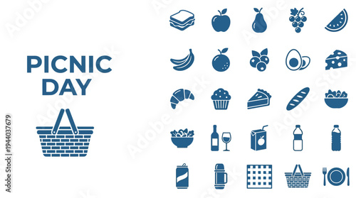 Picnic day icon set displays various food and leisure items for outdoor.
