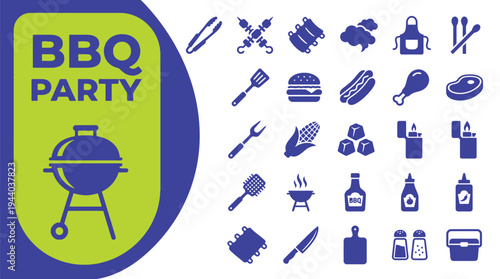 Barbecue party grill icons feature tongs, spatula, hot dog, and steak for.