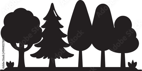 Black and white tree silhouette vector graphic - forest landscape illustration eps