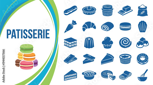 Patisserie icons collection includes macarons, croissants, and various baked.