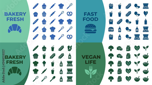 Four distinct food icon sets display bakery, fast food, vegan, and general.