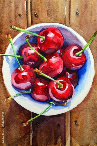 Watercolor Painting of Fresh Cherries in a Bowl