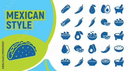Mexican style food icons feature tacos, peppers, and avocados for cuisine.