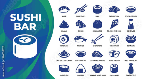Sushi bar icon set displays various Japanese food items for restaurant menus.