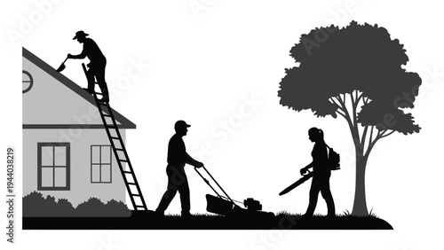 A group of people are doing yard work and home maintenance on a sunny day with a house and tree in the background