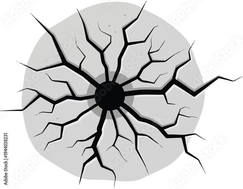 Abstract representation of a circular object with deep cracks radiating from a central dark point, symbolizing stress or damage