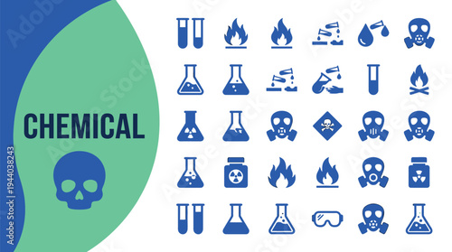 Chemical hazard icons depict laboratory safety gear, flammable materials.