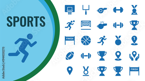 Sports icons collection features athletic equipment, competition awards,.