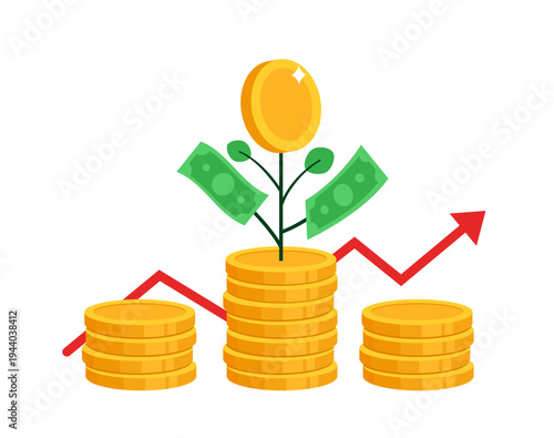 Money plant is growing from stack of gold coins. Money growth concept. Growing investment or earning profit. Financial growth. Vector illustration