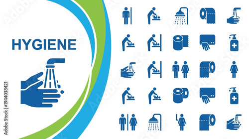 Hygiene icons set features hand washing and restroom facilities for public.