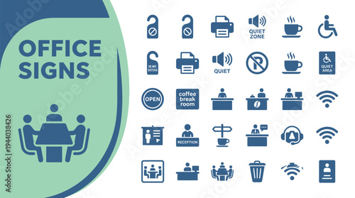 Office signs collection displays essential workplace graphics for meetings.