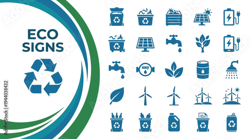 Eco signs collection illustrates renewable energy and recycling concepts.