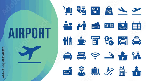 Airport service icons set provides essential travel information graphics for.